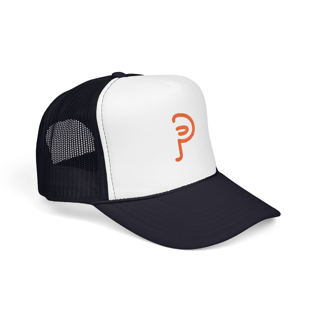 Plainly Trucker Hat — Orange Embroidered 'P' Logo Foam Cap