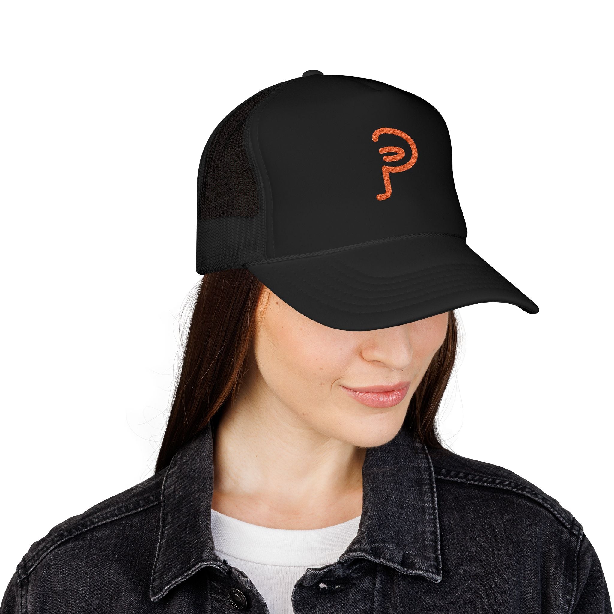 Plainly Trucker Hat — Orange Embroidered 'P' Logo Foam Cap