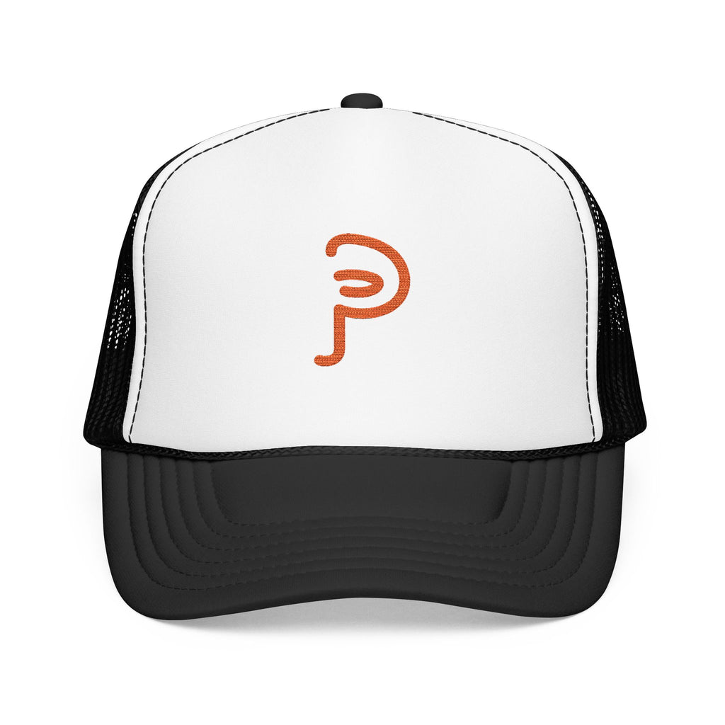 Plainly Trucker Hat — Orange Embroidered 'P' Logo Foam Cap