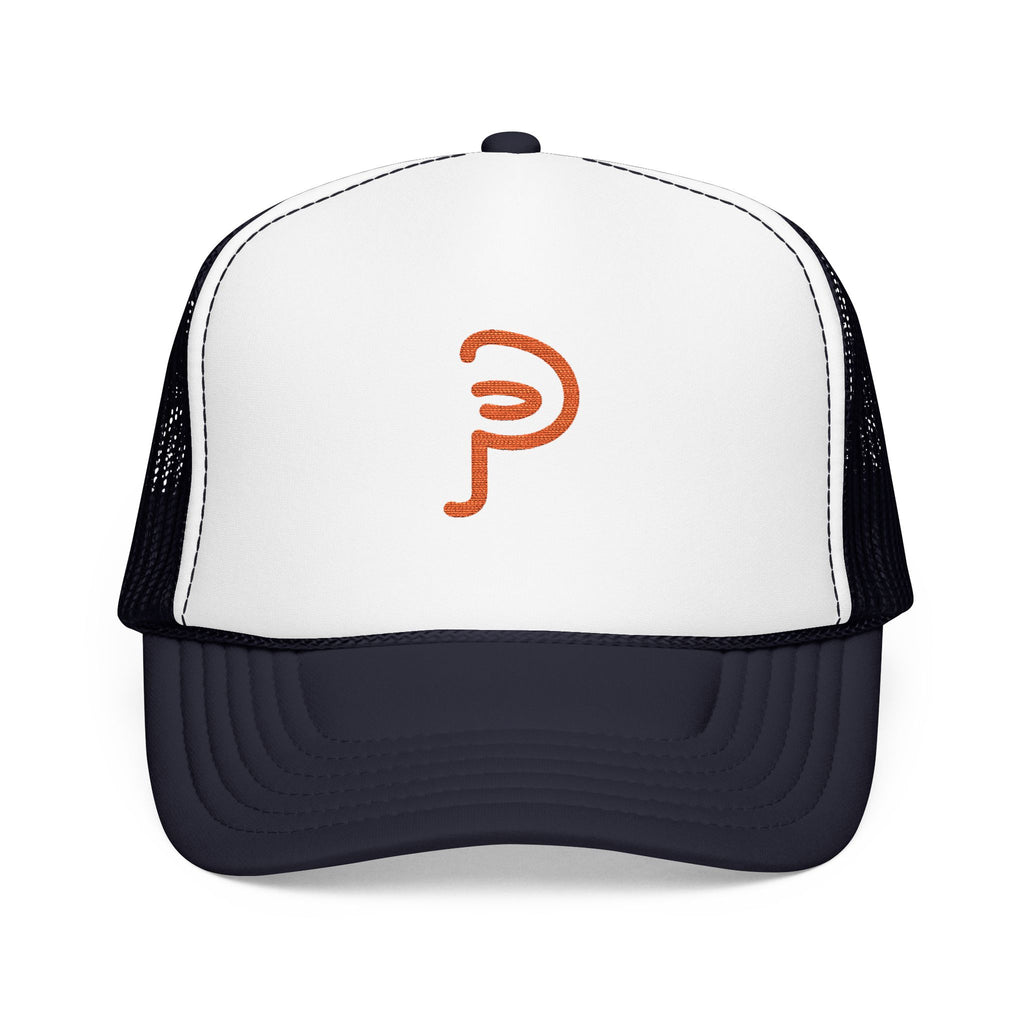 Plainly Trucker Hat — Orange Embroidered 'P' Logo Foam Cap