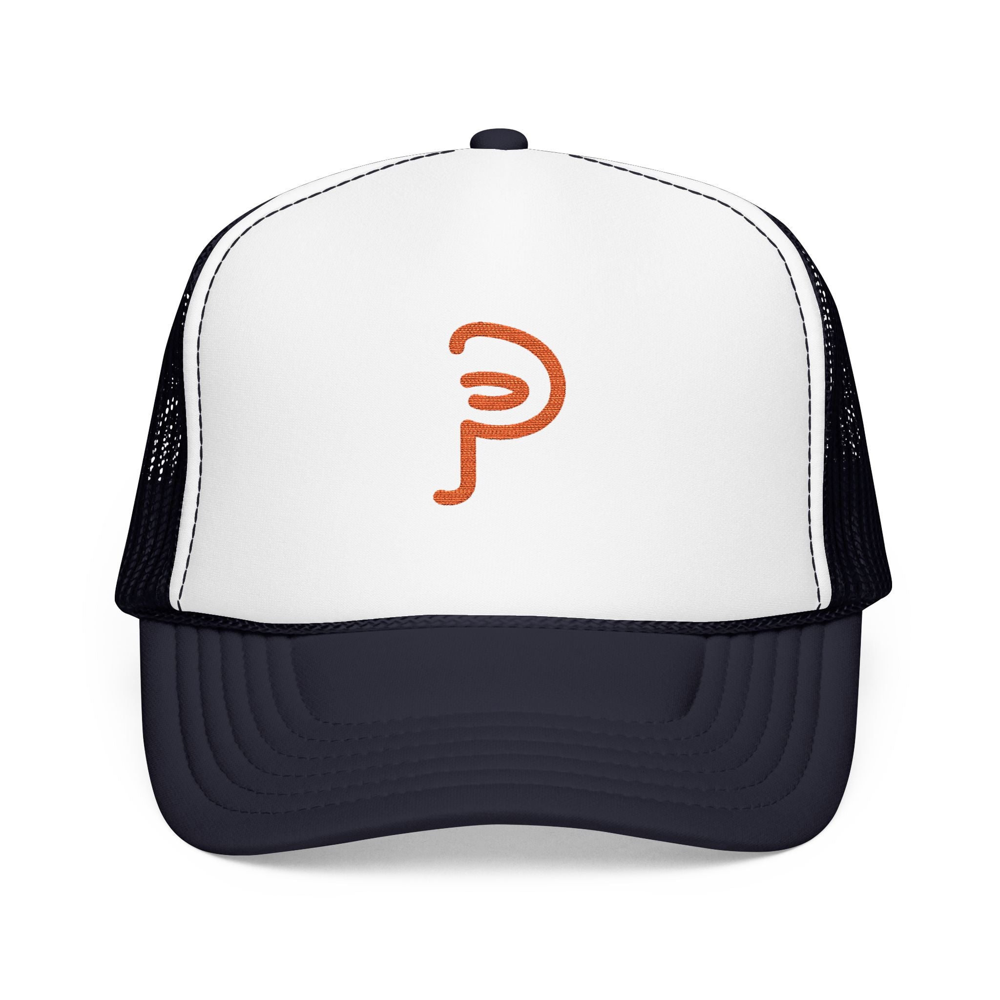 Plainly Trucker Hat — Orange Embroidered 'P' Logo Foam Cap