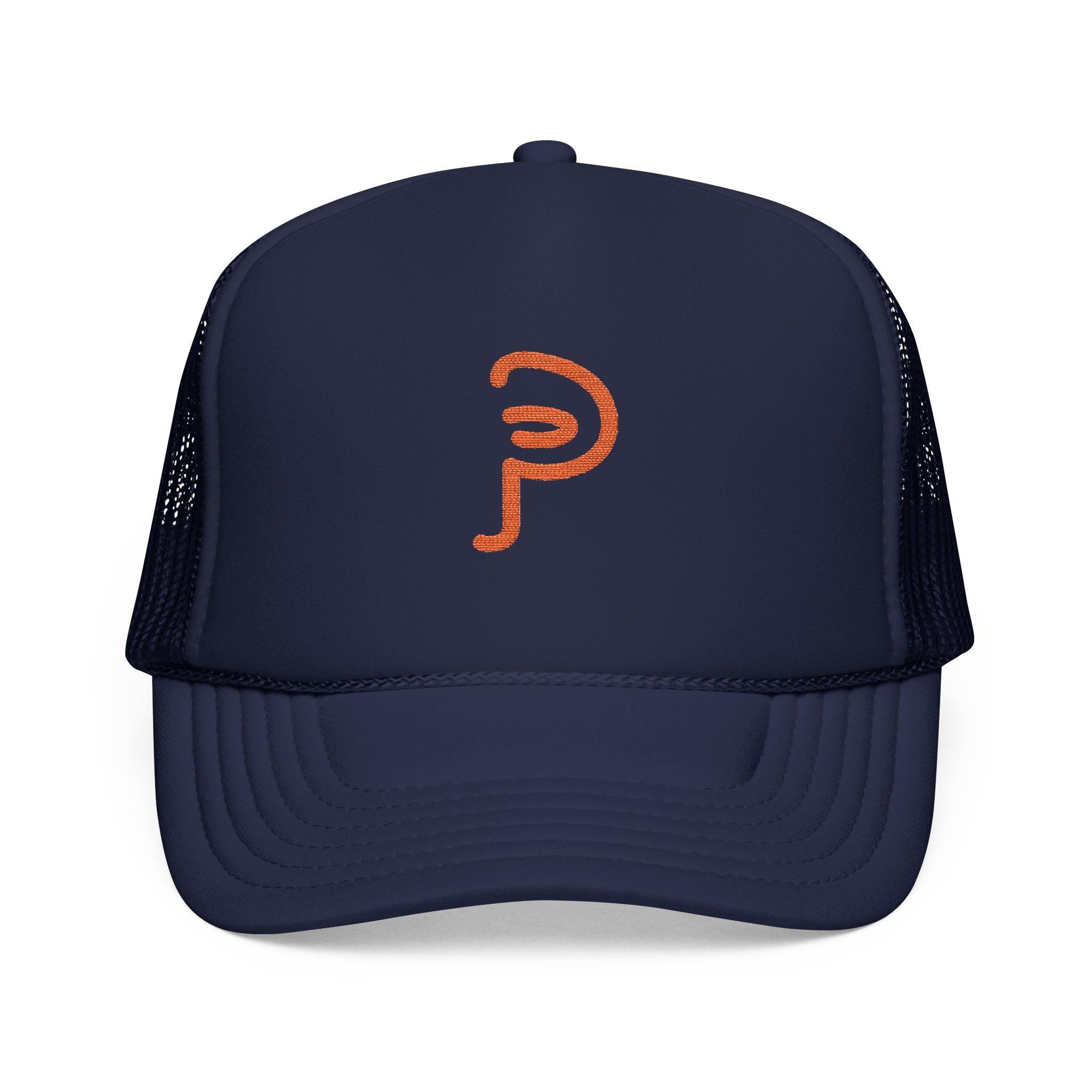 Plainly Trucker Hat — Orange Embroidered 'P' Logo Foam Cap
