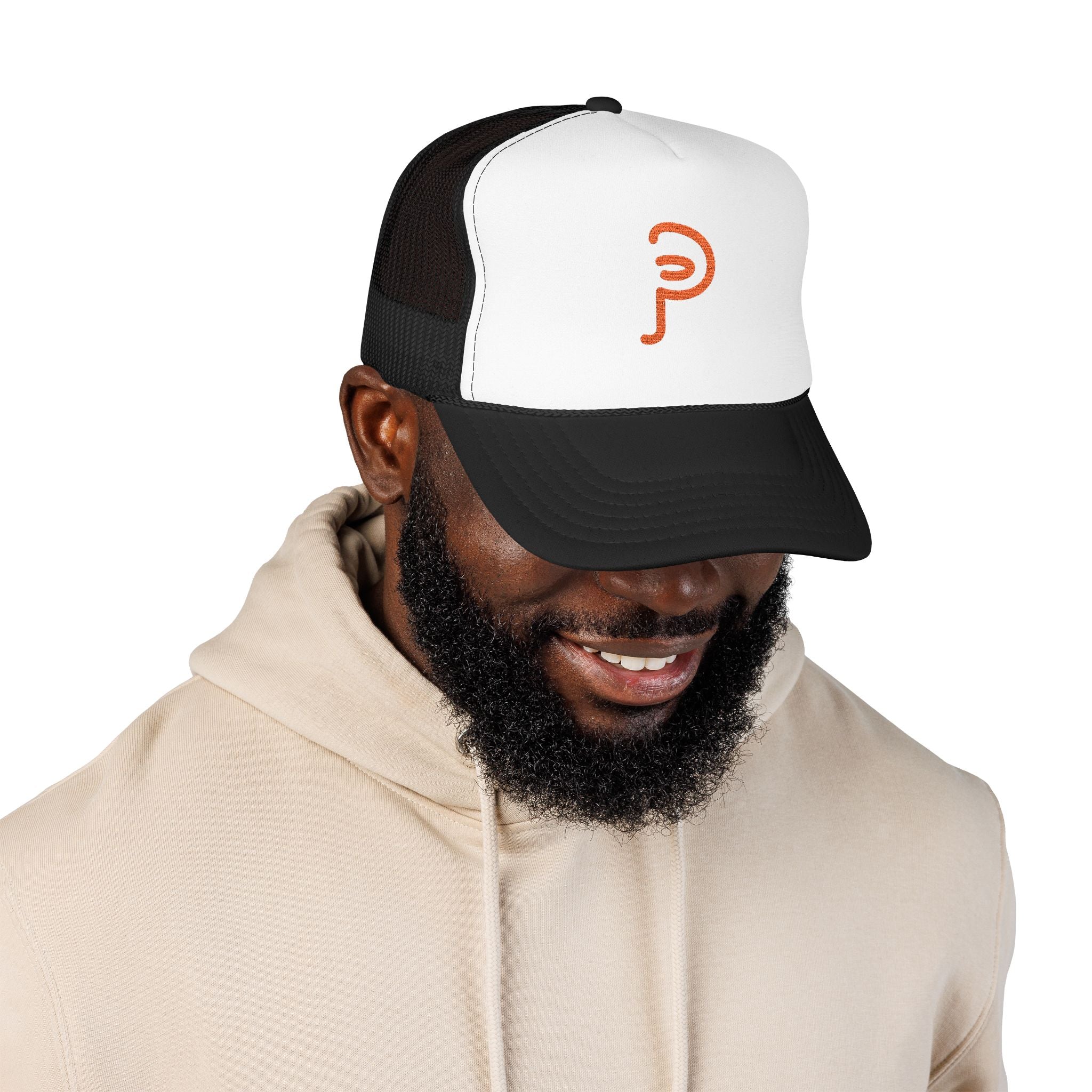 Plainly Trucker Hat — Orange Embroidered 'P' Logo Foam Cap