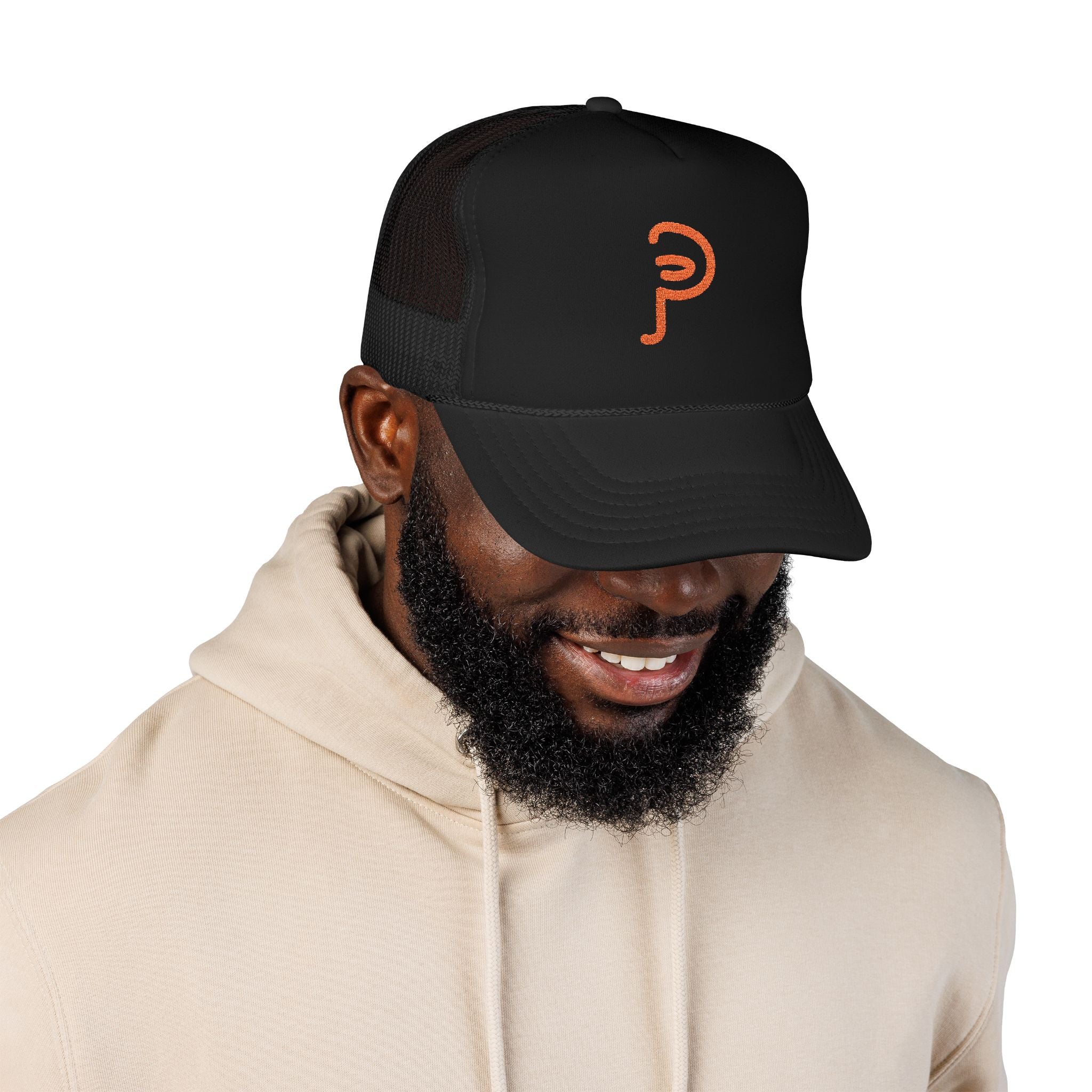 Plainly Trucker Hat — Orange Embroidered 'P' Logo Foam Cap
