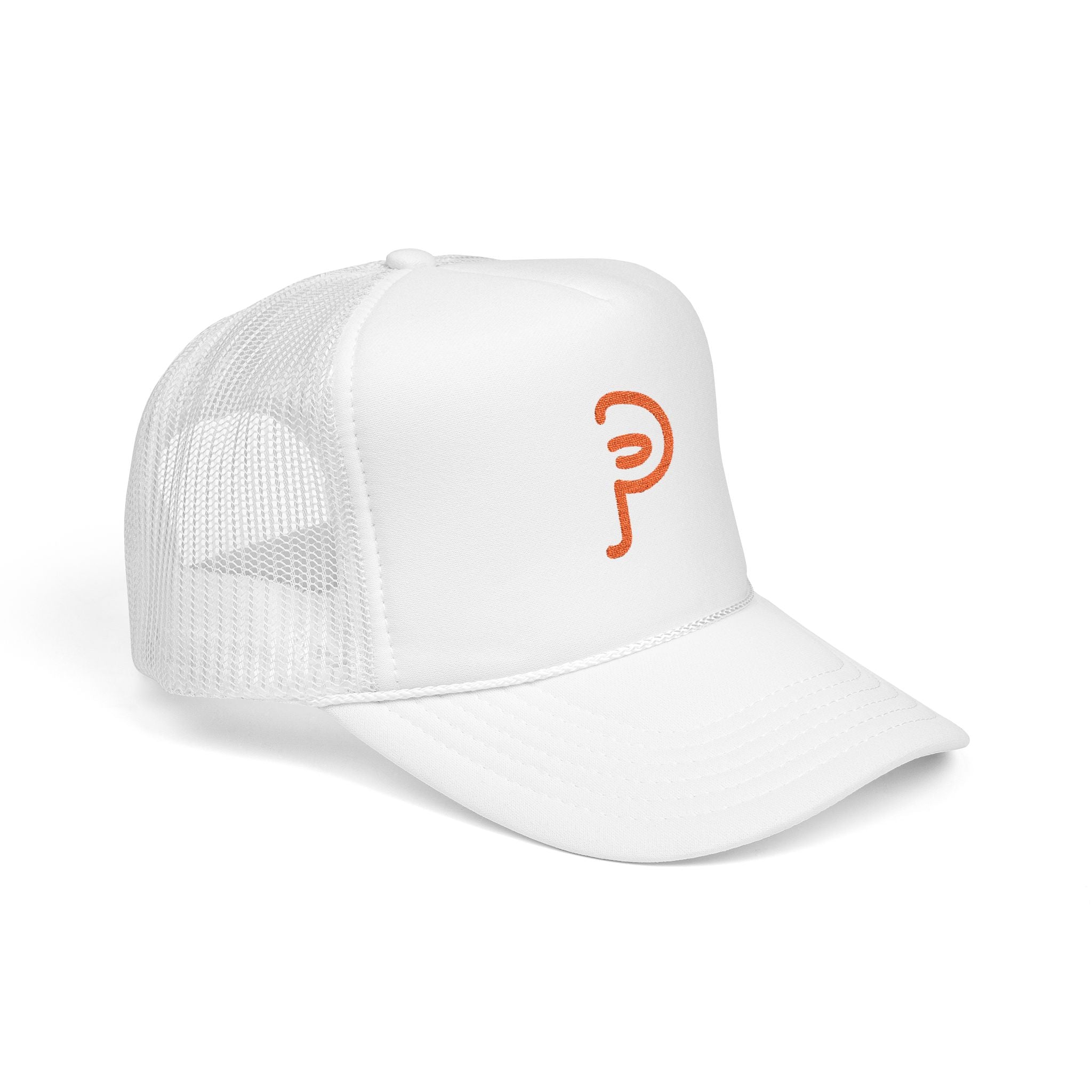 Plainly Trucker Hat — Orange Embroidered 'P' Logo Foam Cap