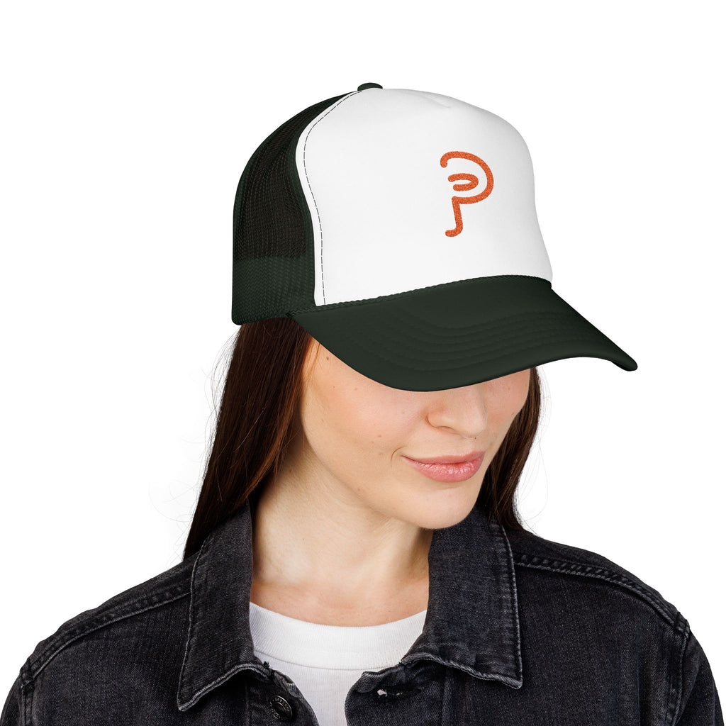 Plainly Trucker Hat — Orange Embroidered 'P' Logo Foam Cap