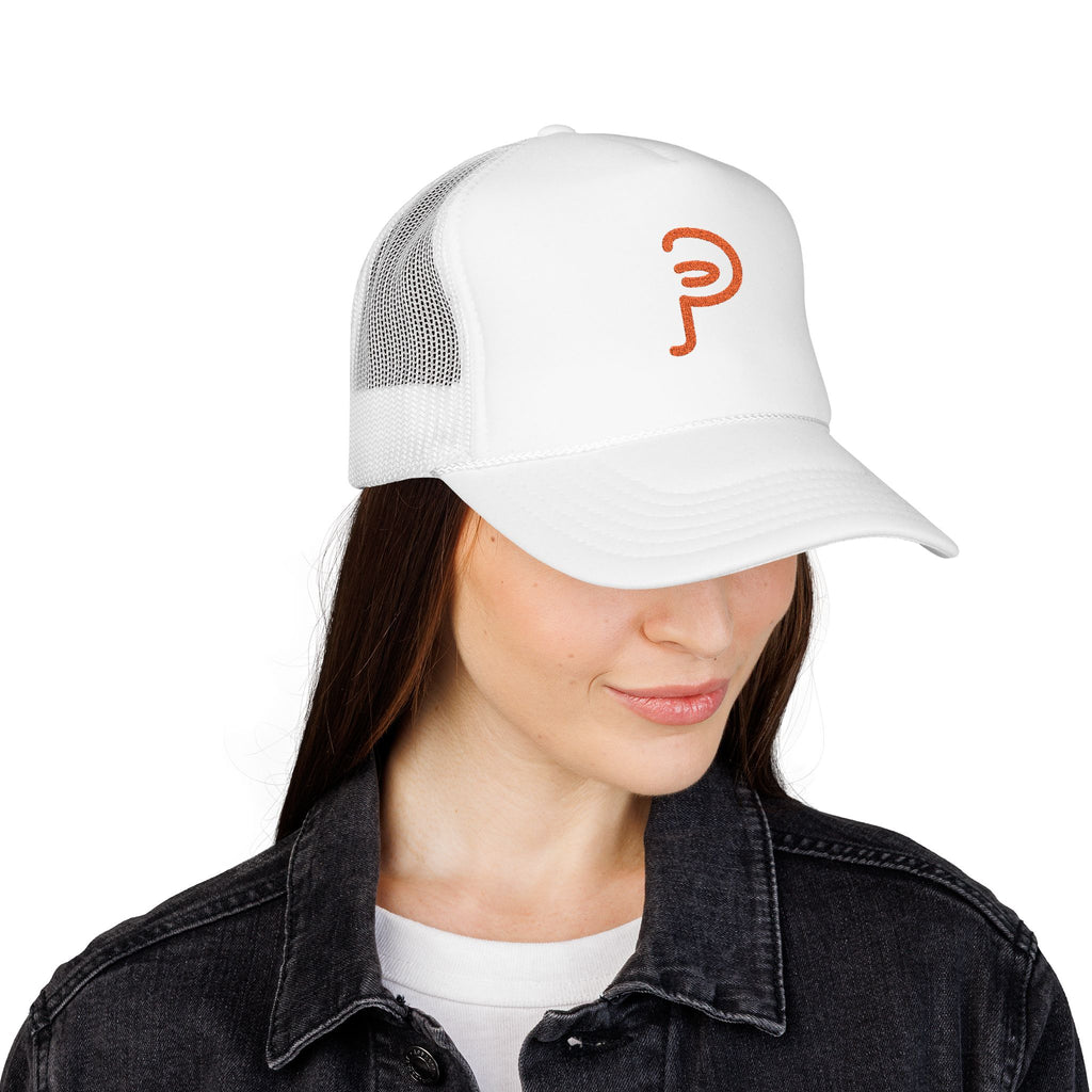 Plainly Trucker Hat — Orange Embroidered 'P' Logo Foam Cap