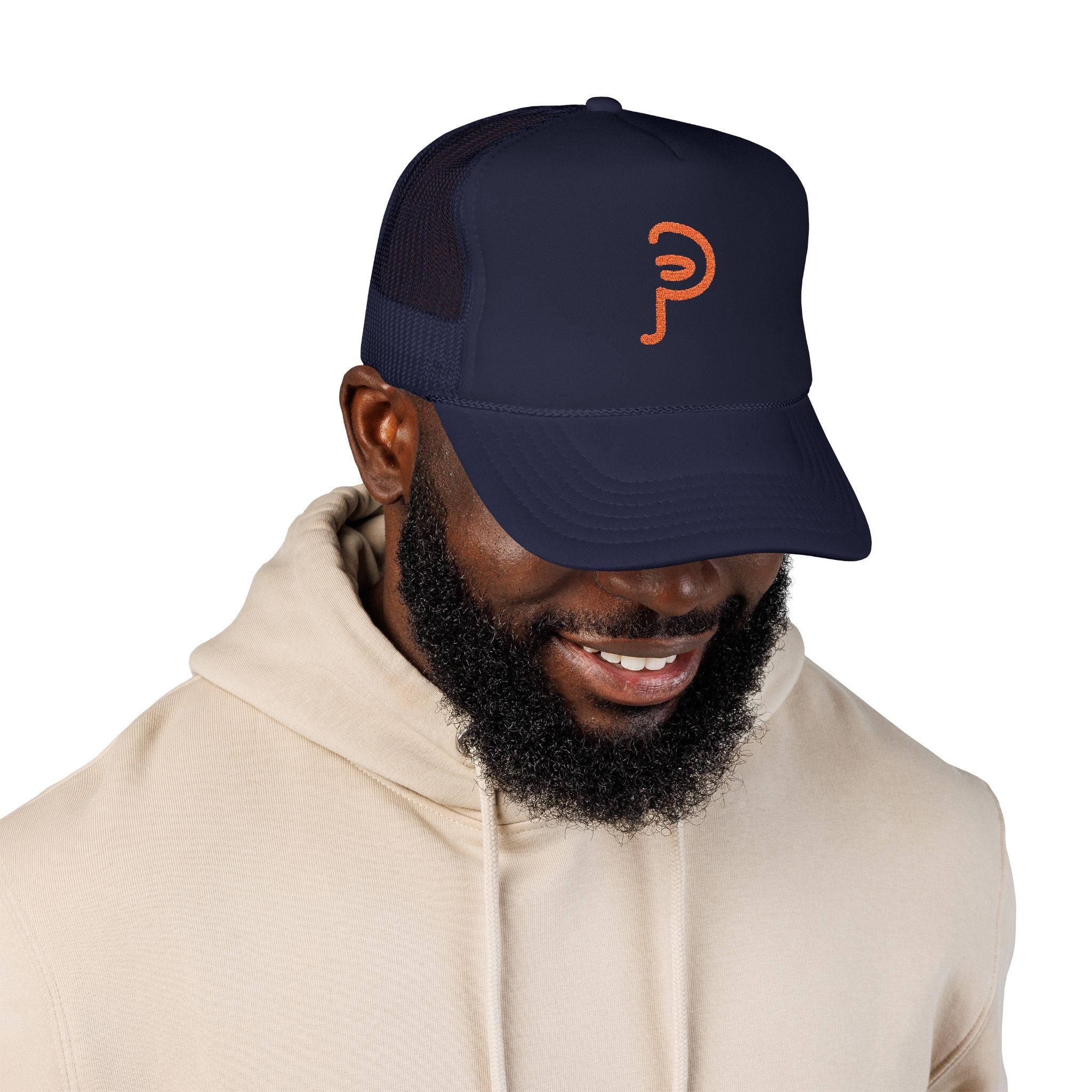 Plainly Trucker Hat — Orange Embroidered 'P' Logo Foam Cap
