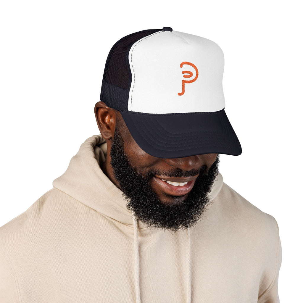 Plainly Trucker Hat — Orange Embroidered 'P' Logo Foam Cap