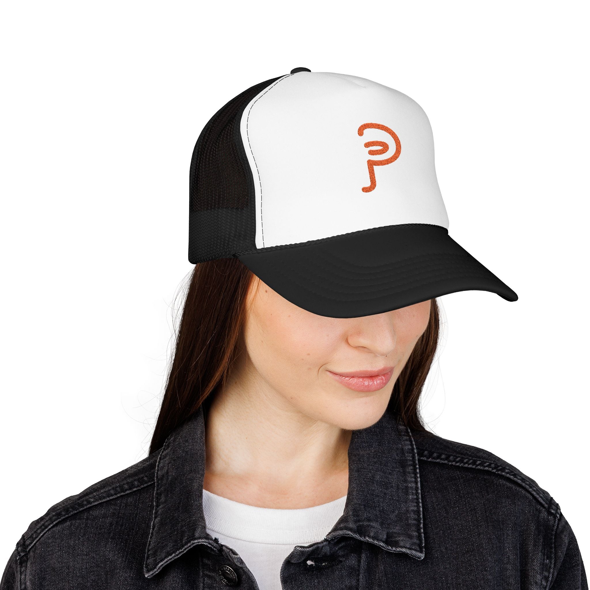 Plainly Trucker Hat — Orange Embroidered 'P' Logo Foam Cap