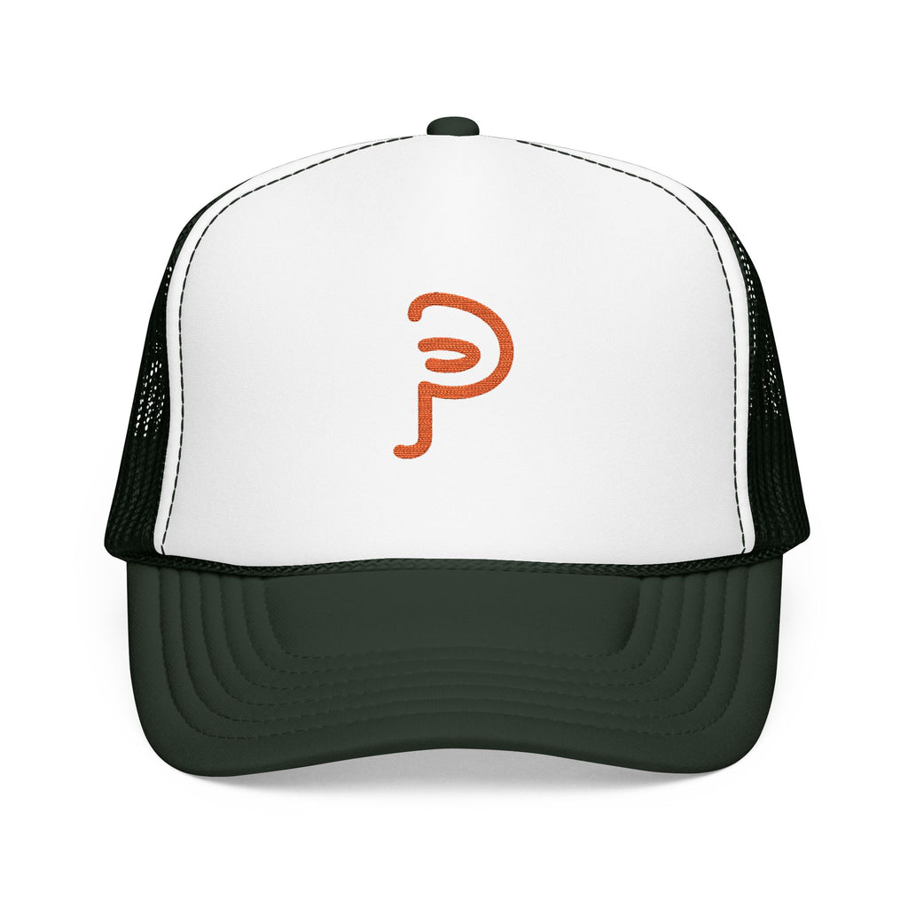 Plainly Trucker Hat — Orange Embroidered 'P' Logo Foam Cap