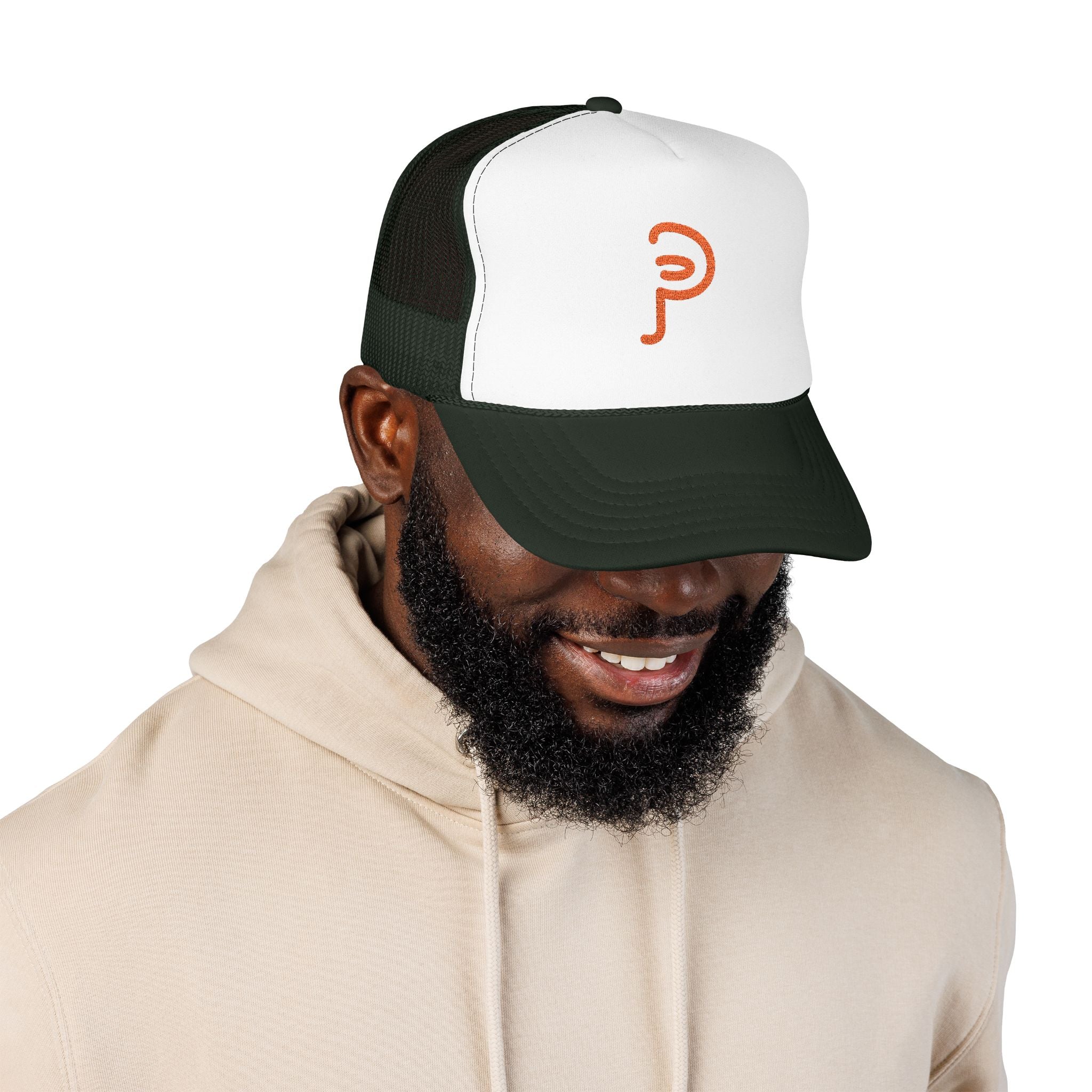 Plainly Trucker Hat — Orange Embroidered 'P' Logo Foam Cap