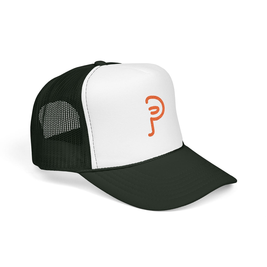 Plainly Trucker Hat — Orange Embroidered 'P' Logo Foam Cap