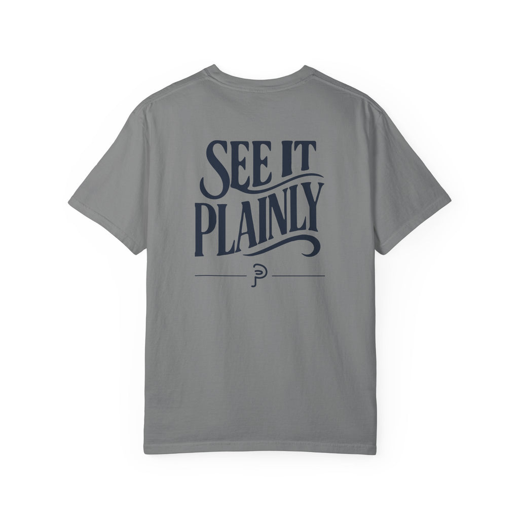 Clarity T-Shirt — "See It Plainly" script Minimal Motivational Tee navy lettering