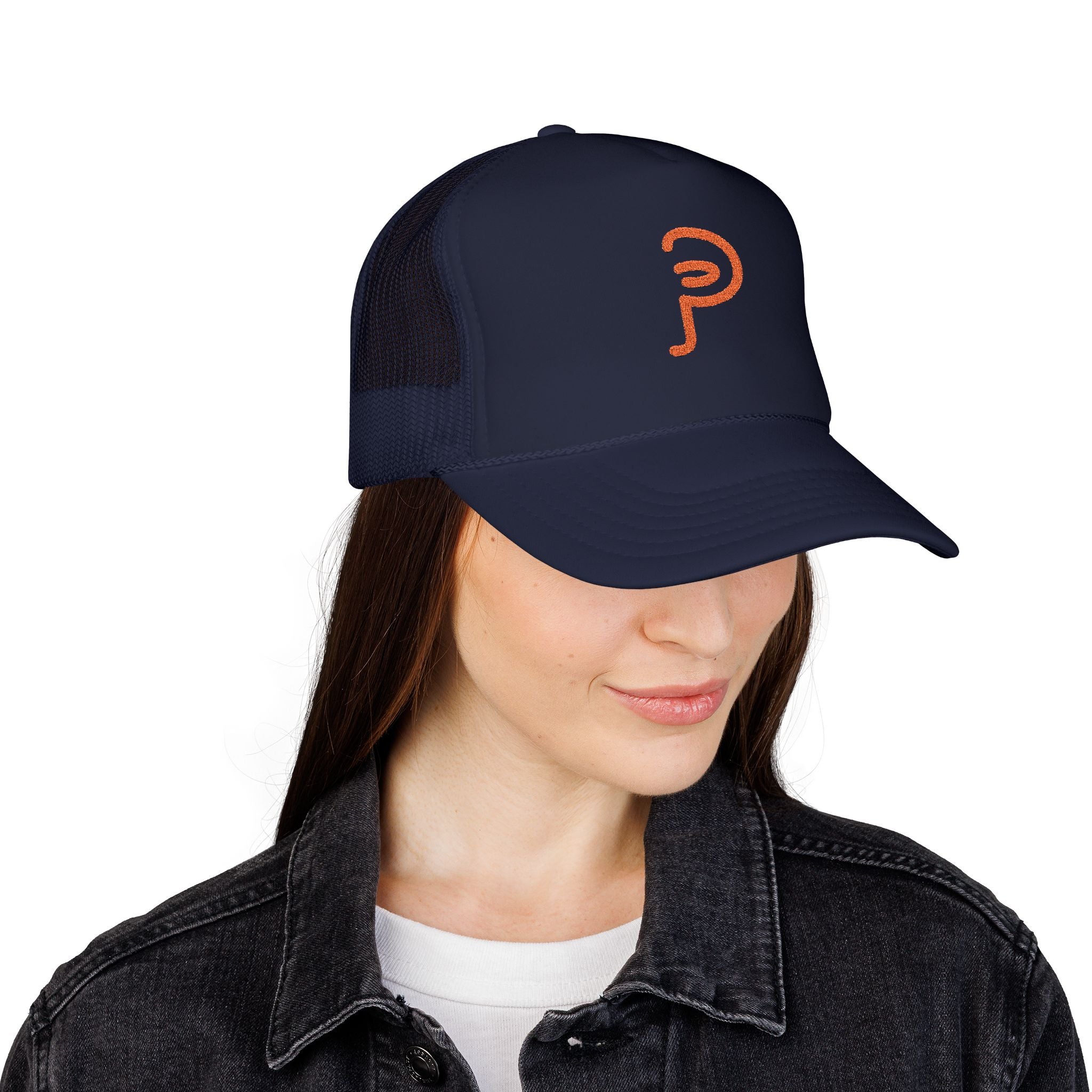 Plainly Trucker Hat — Orange Embroidered 'P' Logo Foam Cap