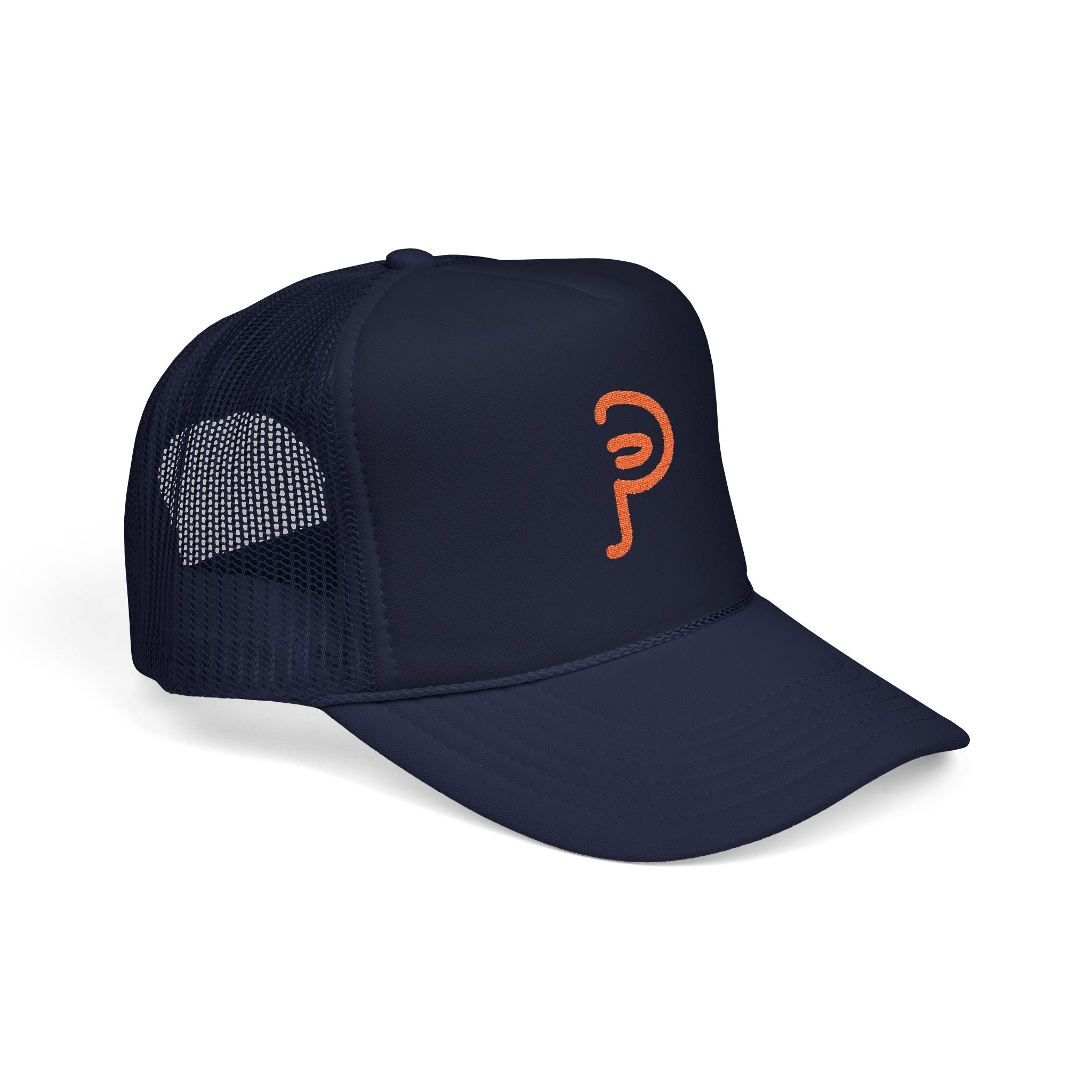 Plainly Trucker Hat — Orange Embroidered 'P' Logo Foam Cap