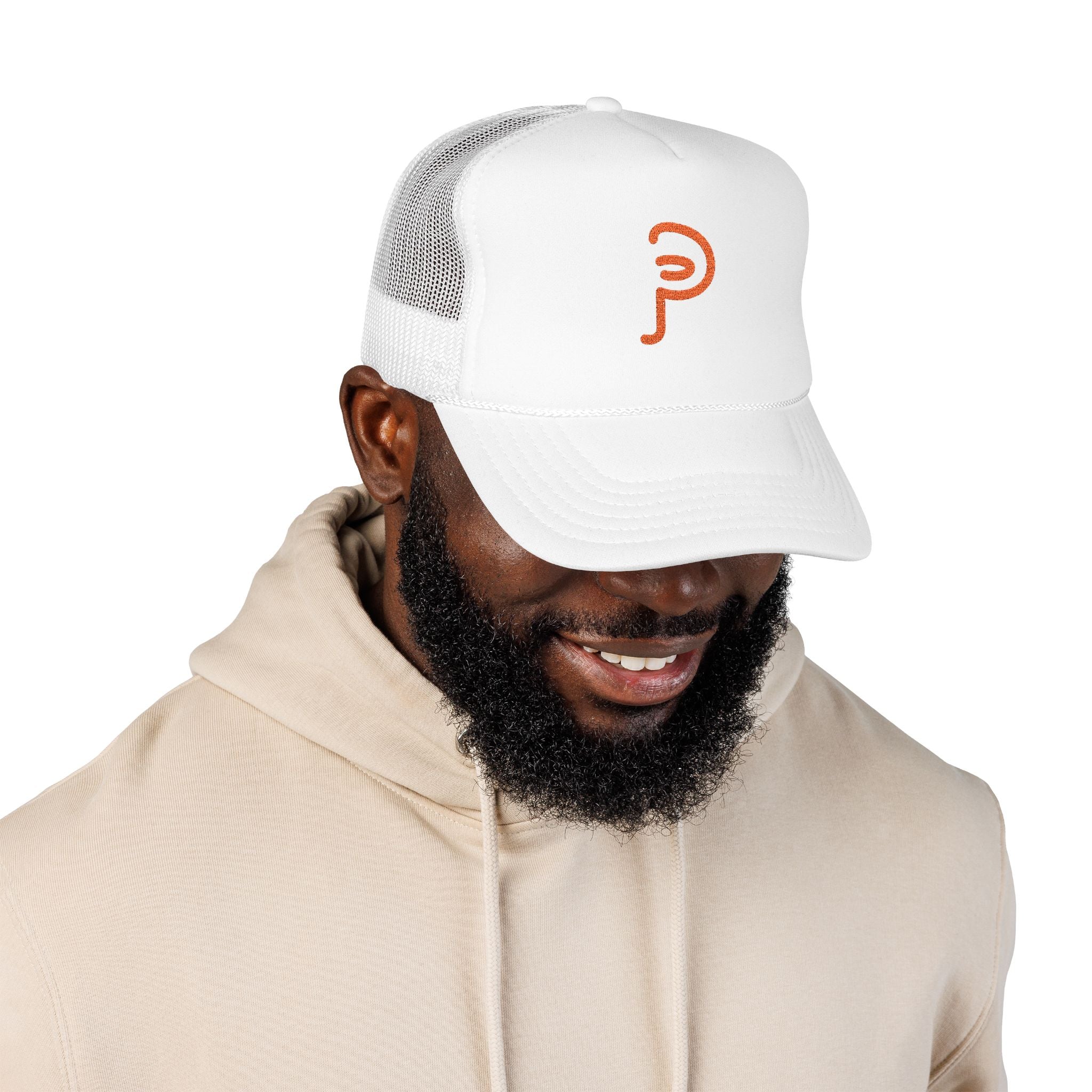 Plainly Trucker Hat — Orange Embroidered 'P' Logo Foam Cap