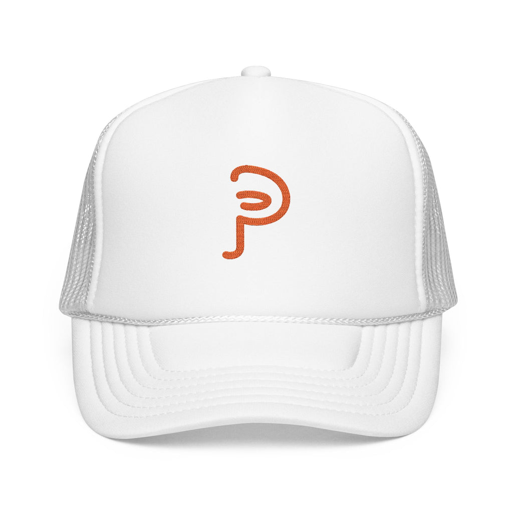 Plainly Trucker Hat — Orange Embroidered 'P' Logo Foam Cap
