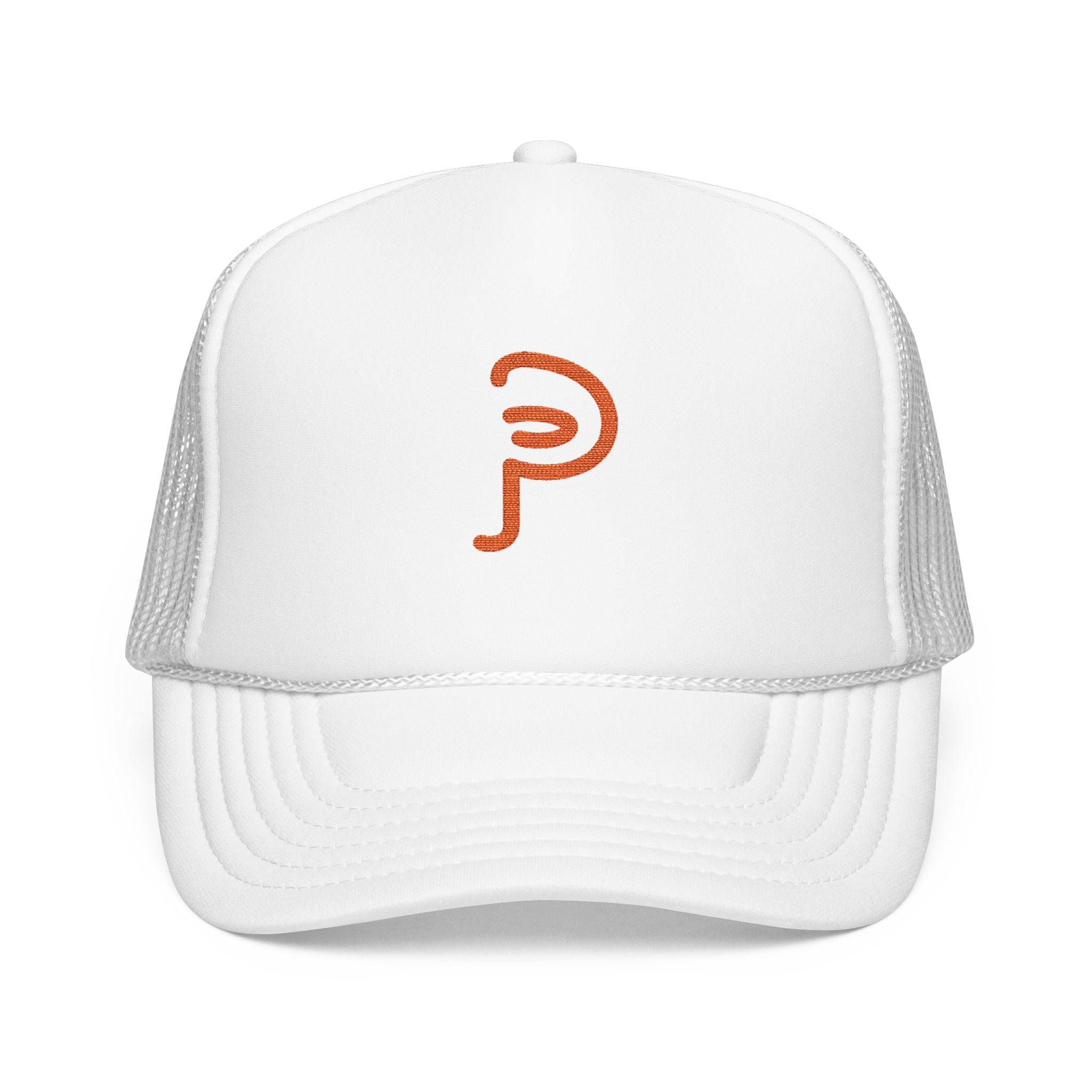 Plainly Trucker Hat — Orange Embroidered 'P' Logo Foam Cap