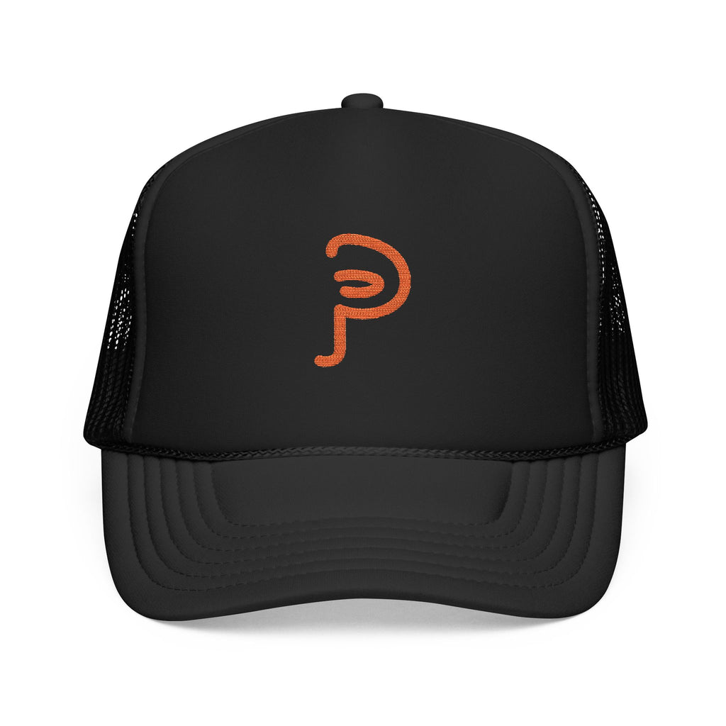Plainly Trucker Hat — Orange Embroidered 'P' Logo Foam Cap