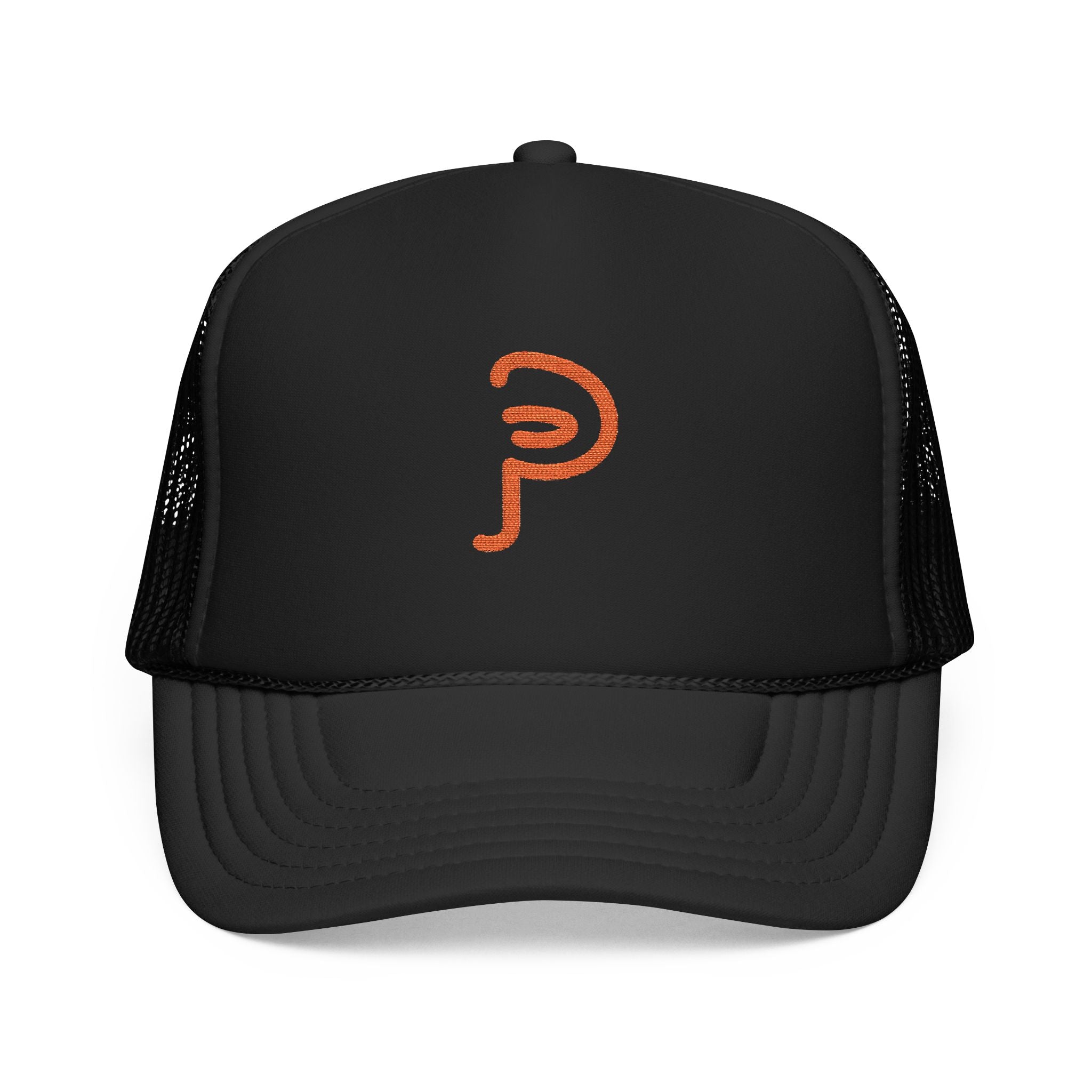 Plainly Trucker Hat — Orange Embroidered 'P' Logo Foam Cap